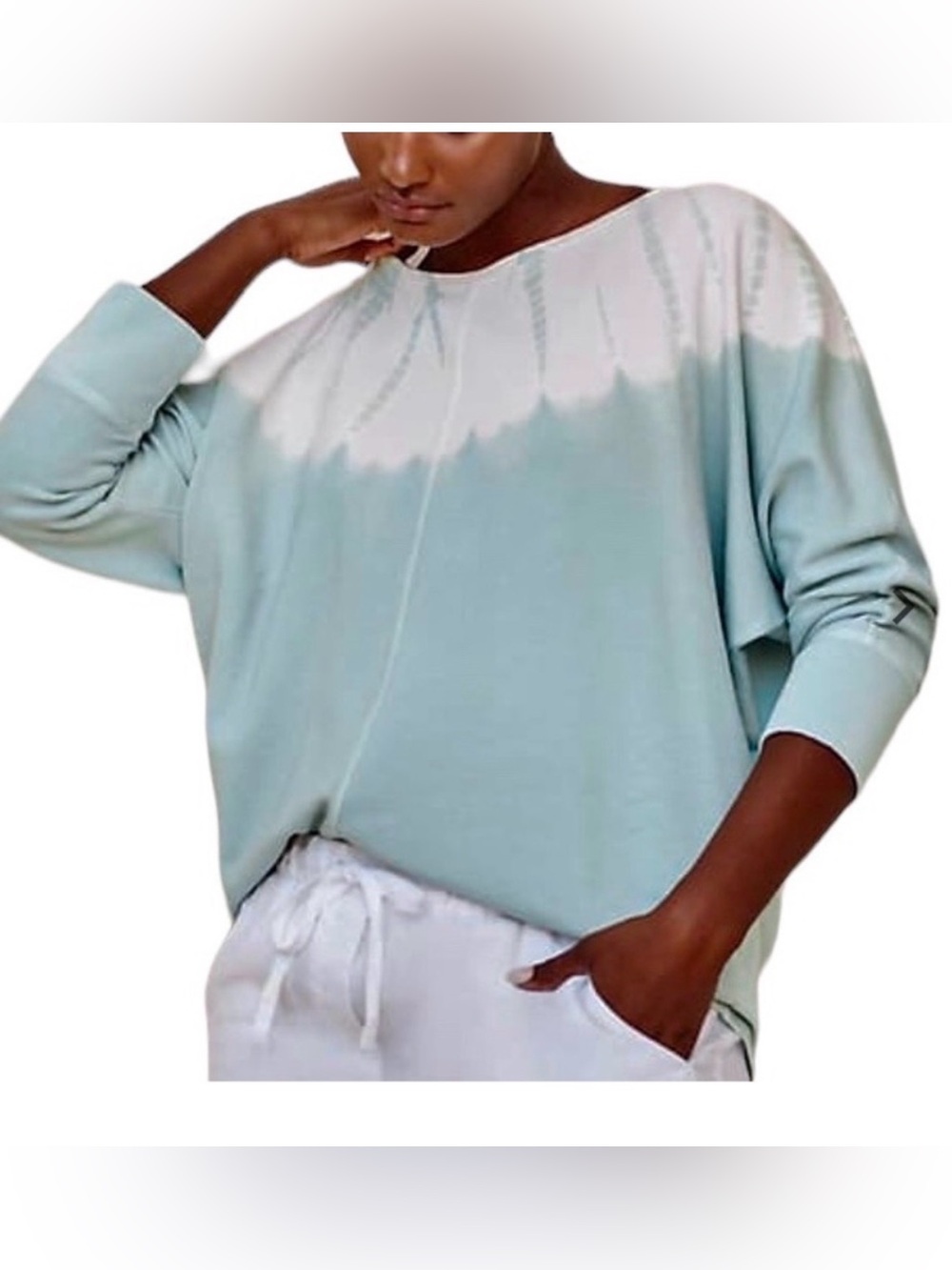 J Jill Blue White Tie-Dye Organic Cotton Batwing Sleeve Sweatshirt Size L